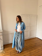 Veste longue upcyclée satinée bleue - M