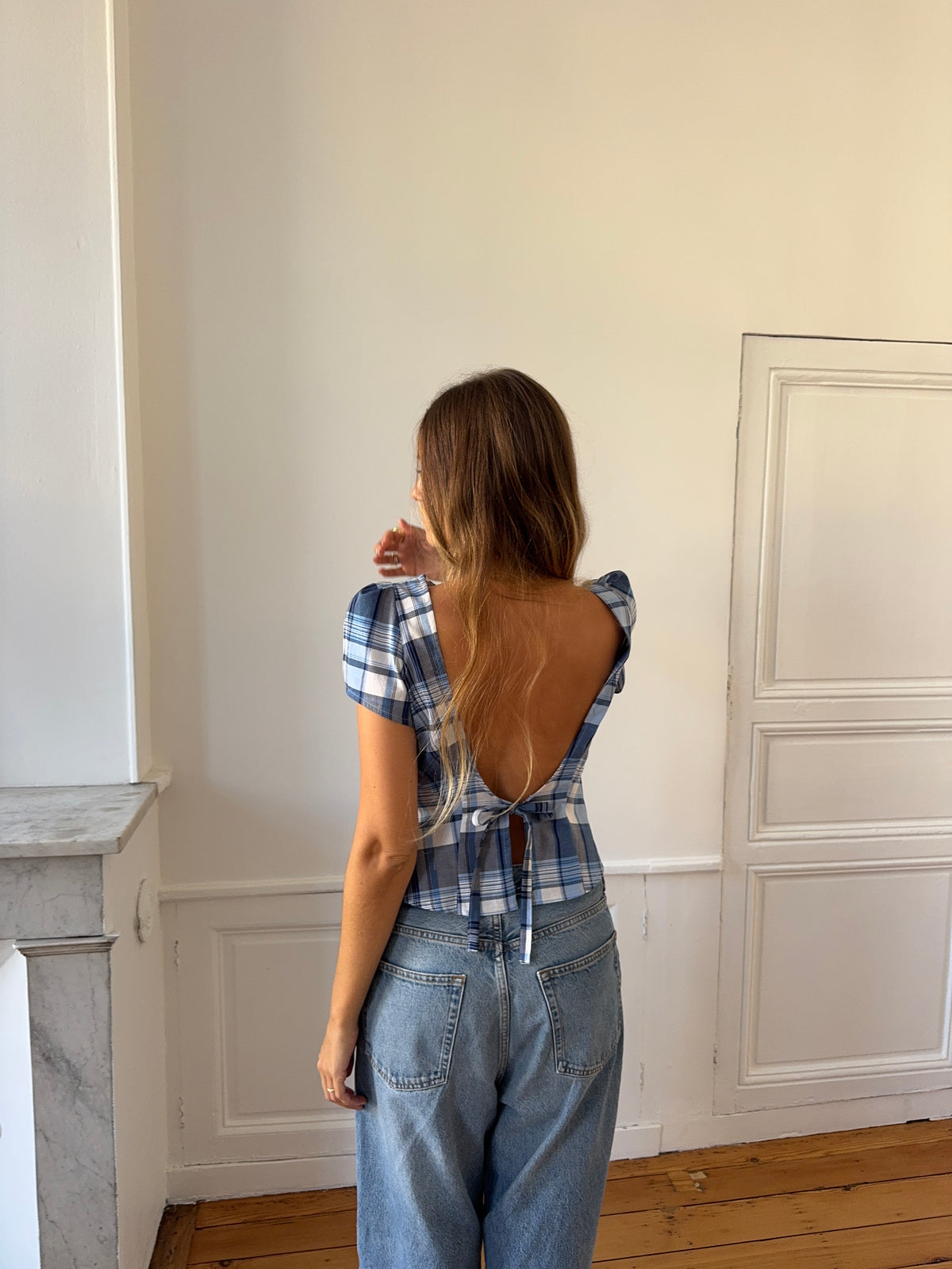 Upcycled plaid backless top - S