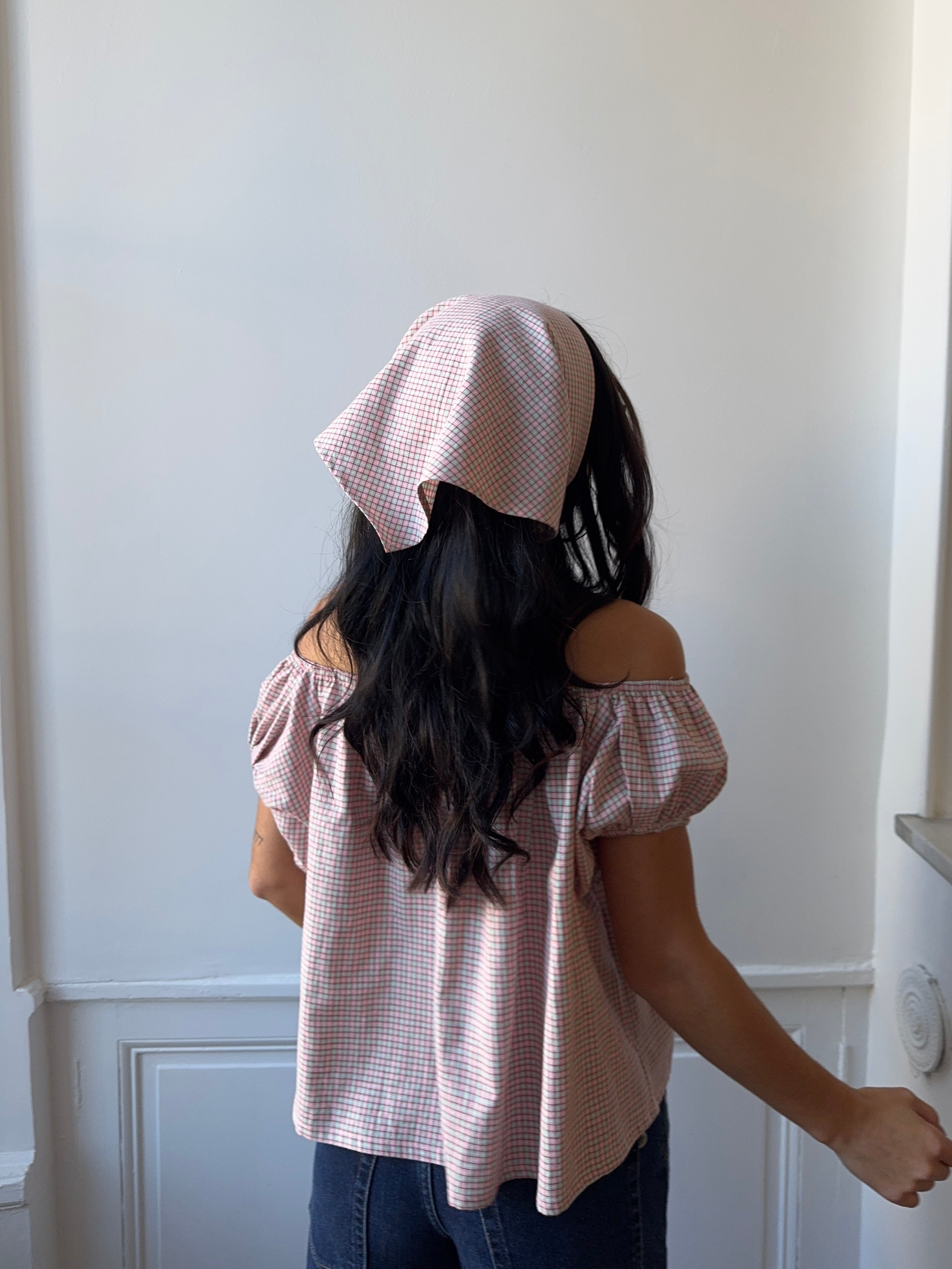 Blouse upcyclée à carreaux + foulard & chouchou