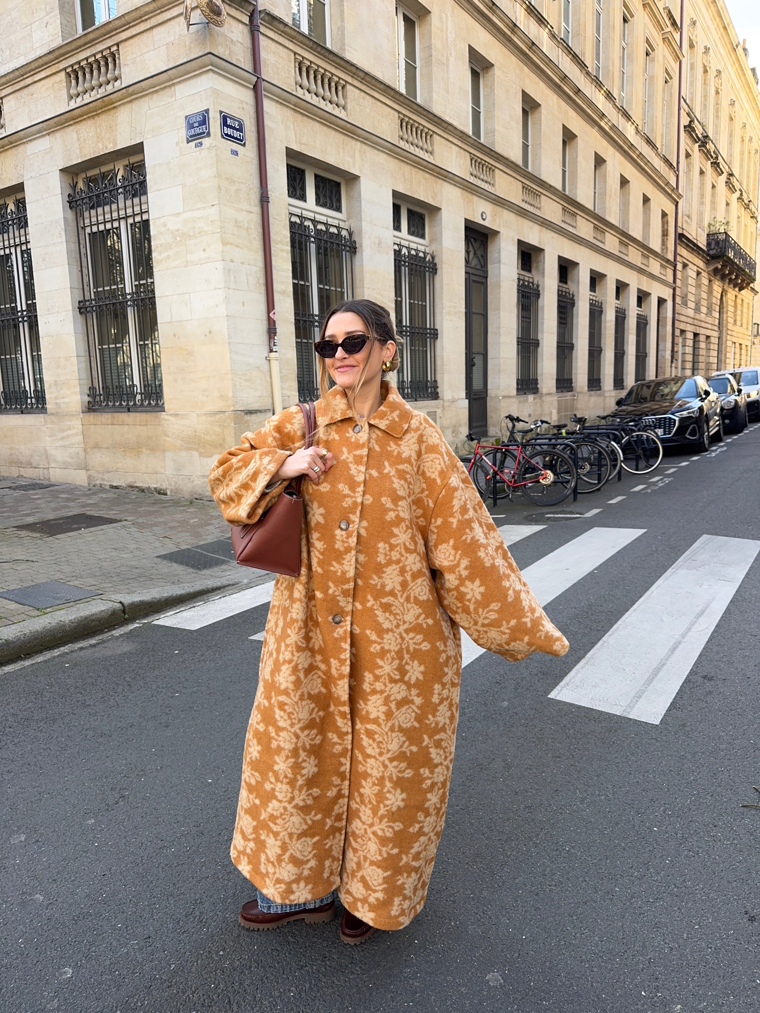 Manteau long upcyclé laine à motifs vintage