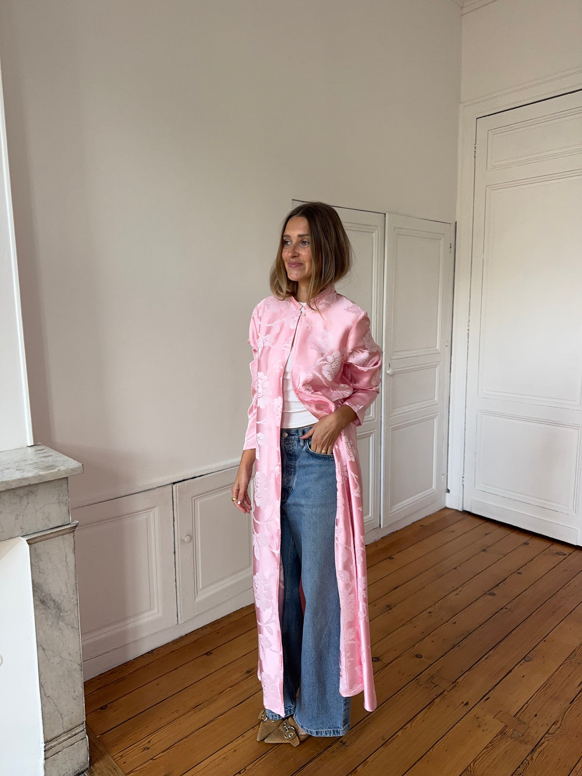 Veste longue upcyclée satinée rose - S/M
