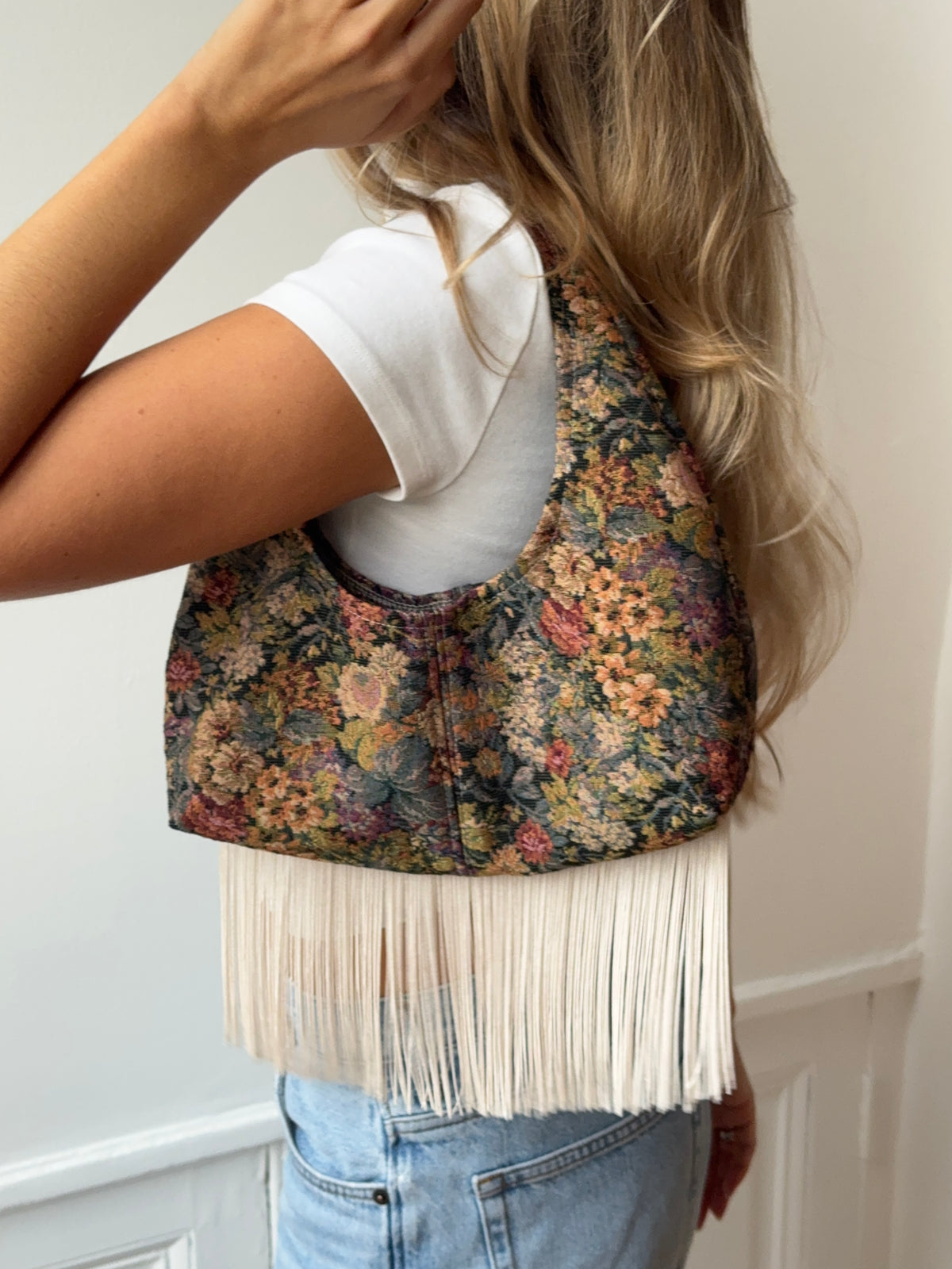 Upcycled floral bag with fringe