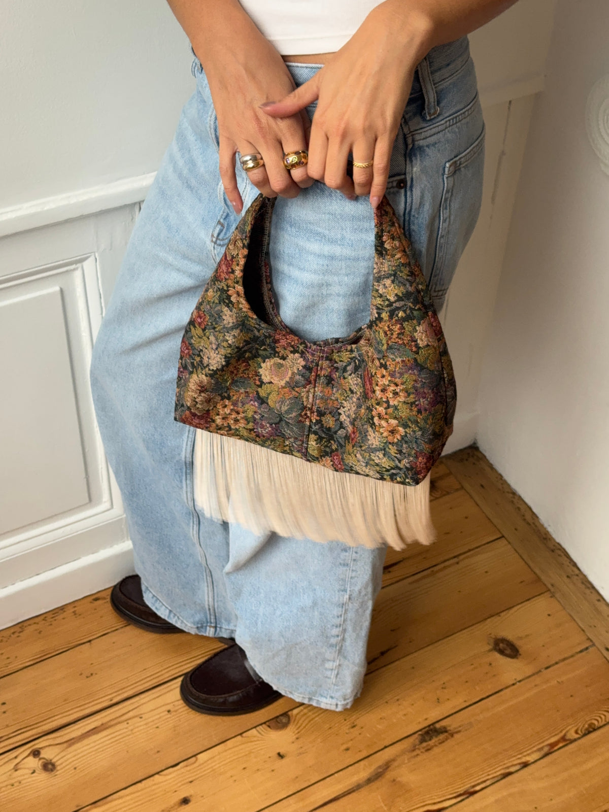 Upcycled floral bag with fringe