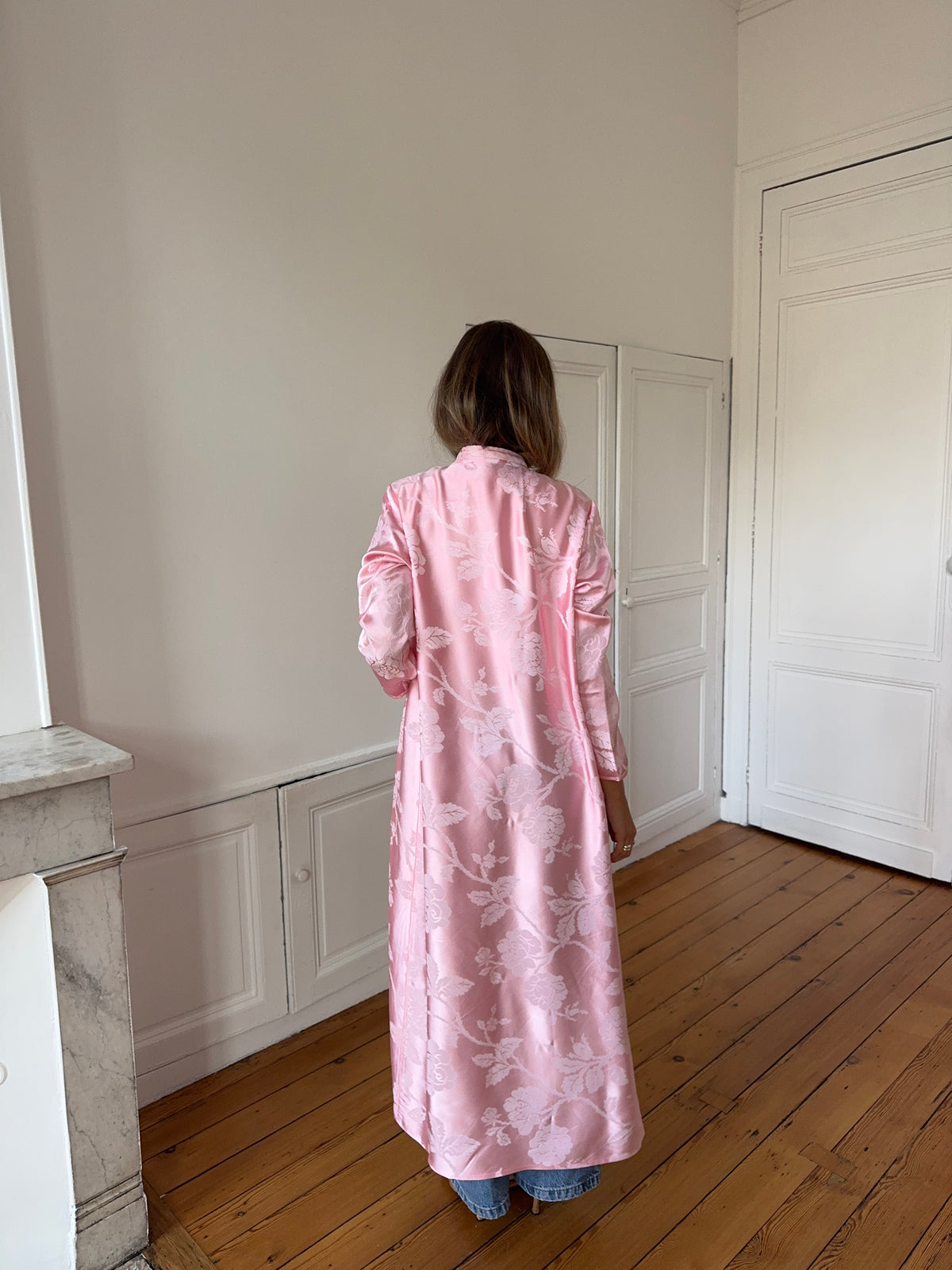 Veste longue upcyclée satinée rose - S/M