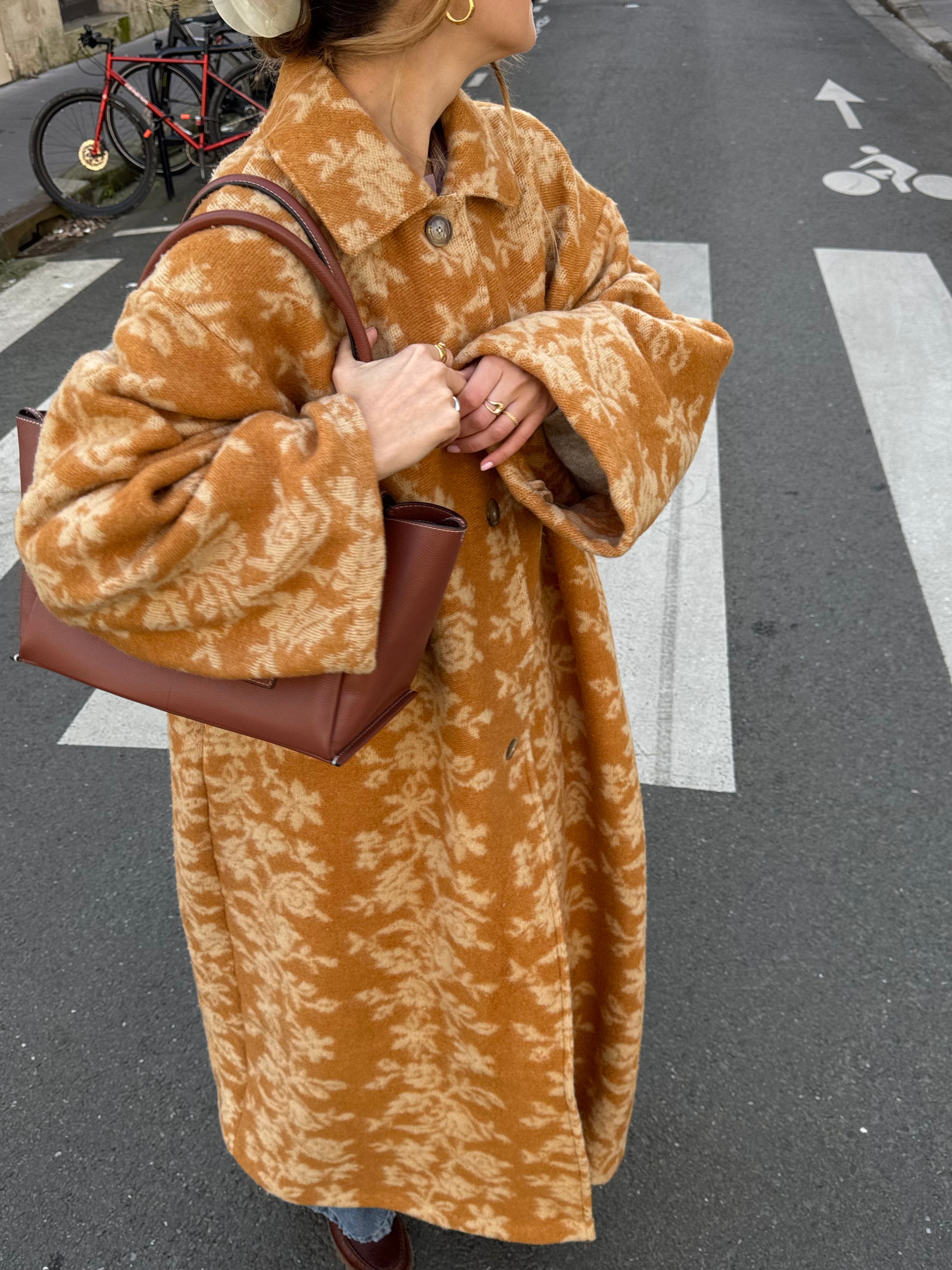 Manteau long upcyclé laine à motifs vintage