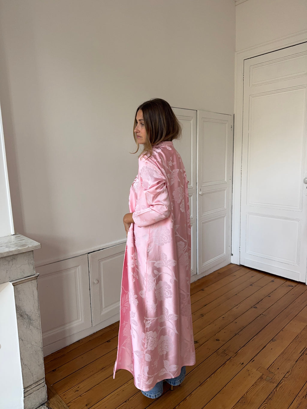Veste longue upcyclée satinée rose - S/M