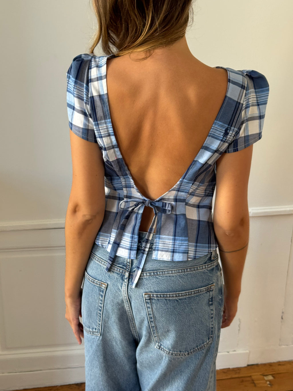 Upcycled plaid backless top - S