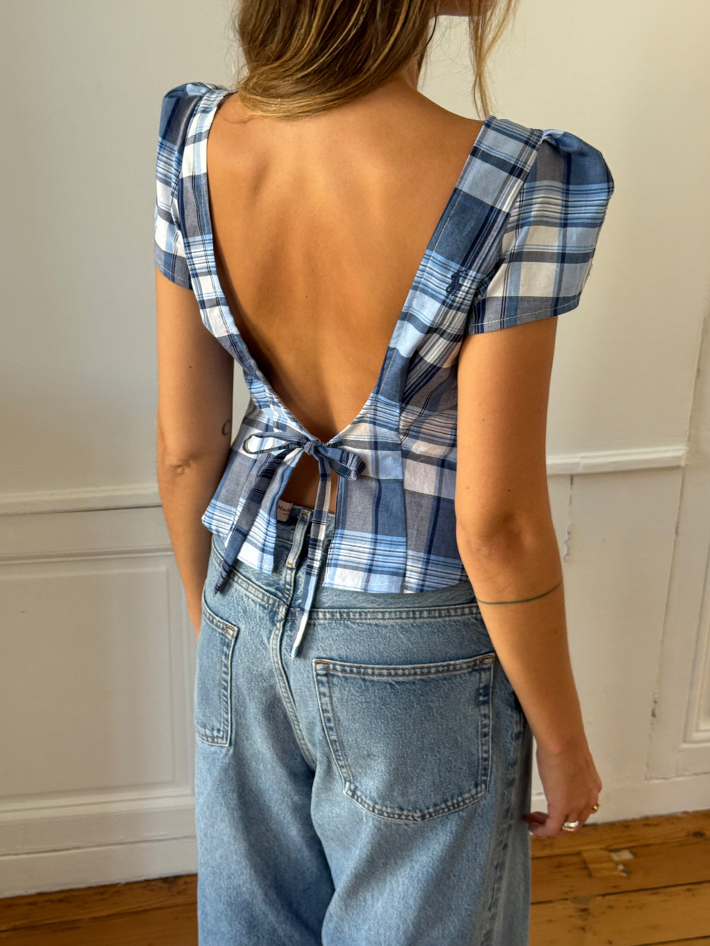 Upcycled plaid backless top - S