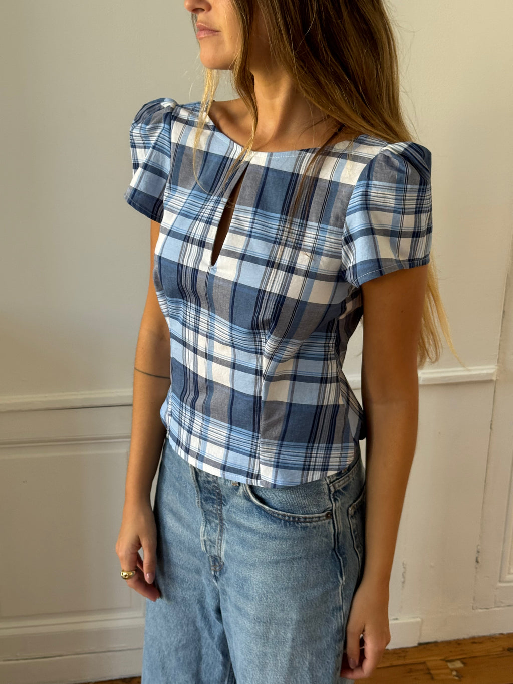 Upcycled plaid backless top - S