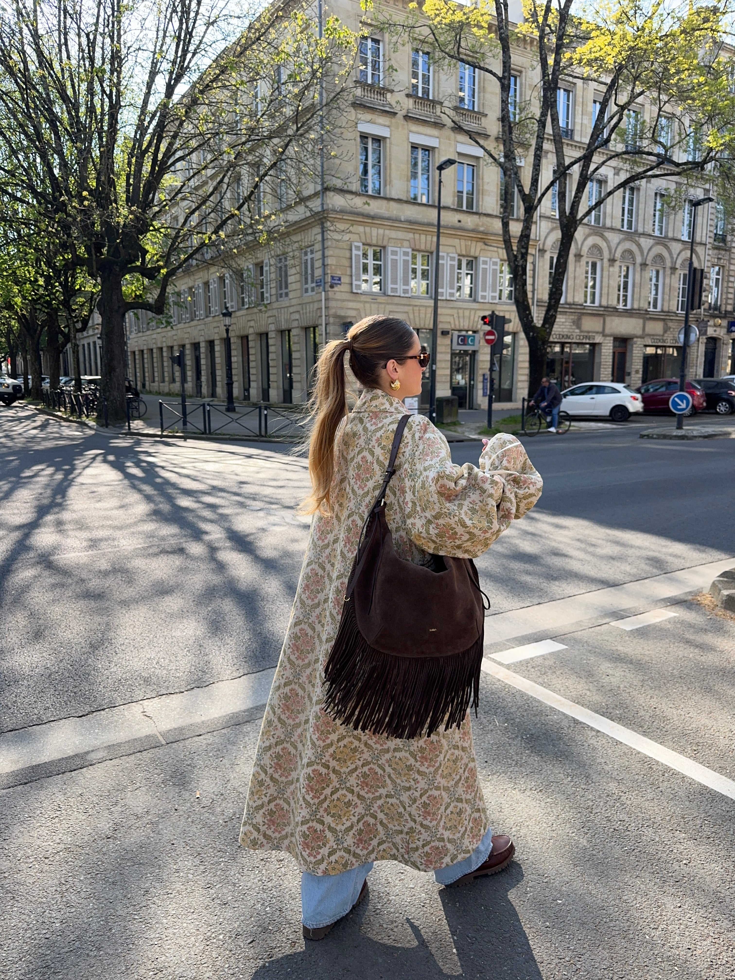 Manteau long upcyclé beige fleuri vintage