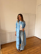 Veste longue upcyclée satinée bleue - M