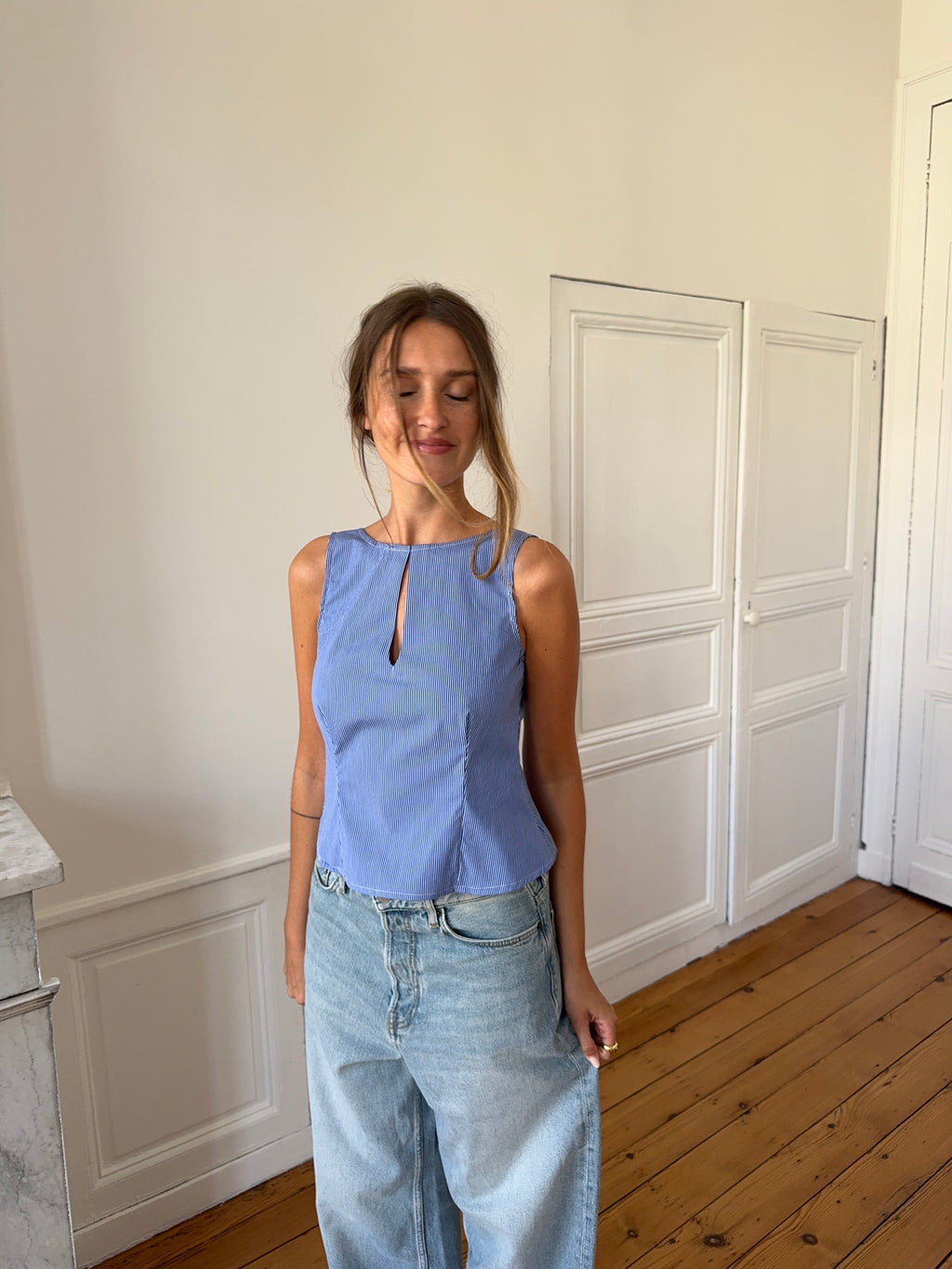 Top dos nu upcyclé bleu à rayures - S