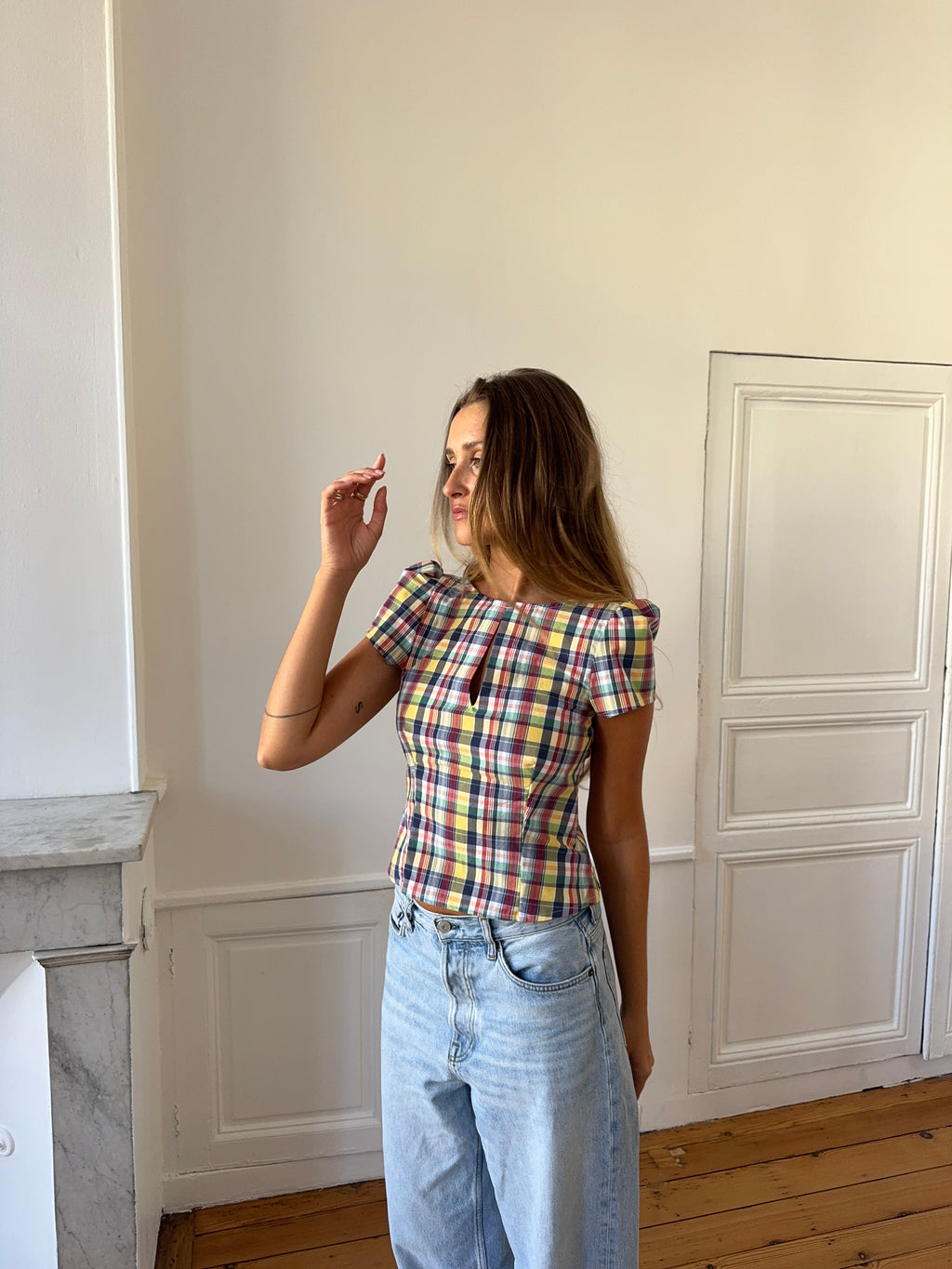 Top dos nu upcyclé à carreaux - S