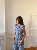 Top dos nu upcyclé lin à carreaux - XS