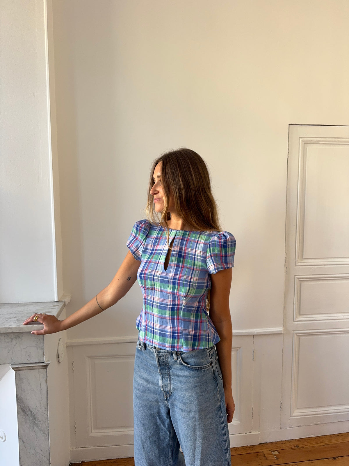 Top dos nu upcyclé lin à carreaux - XS
