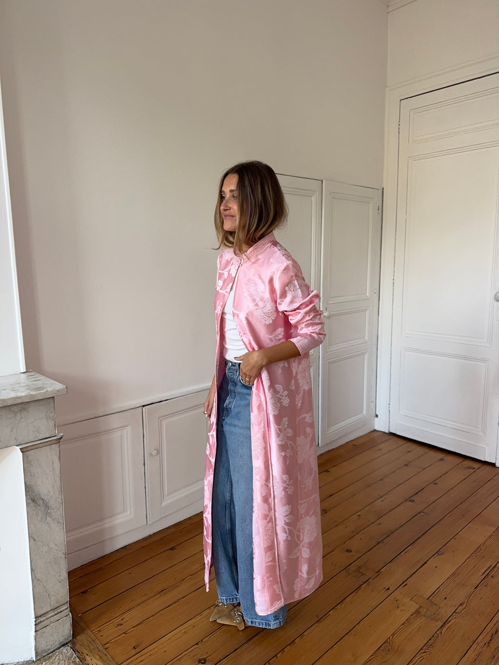 Veste longue upcyclée satinée rose - S/M