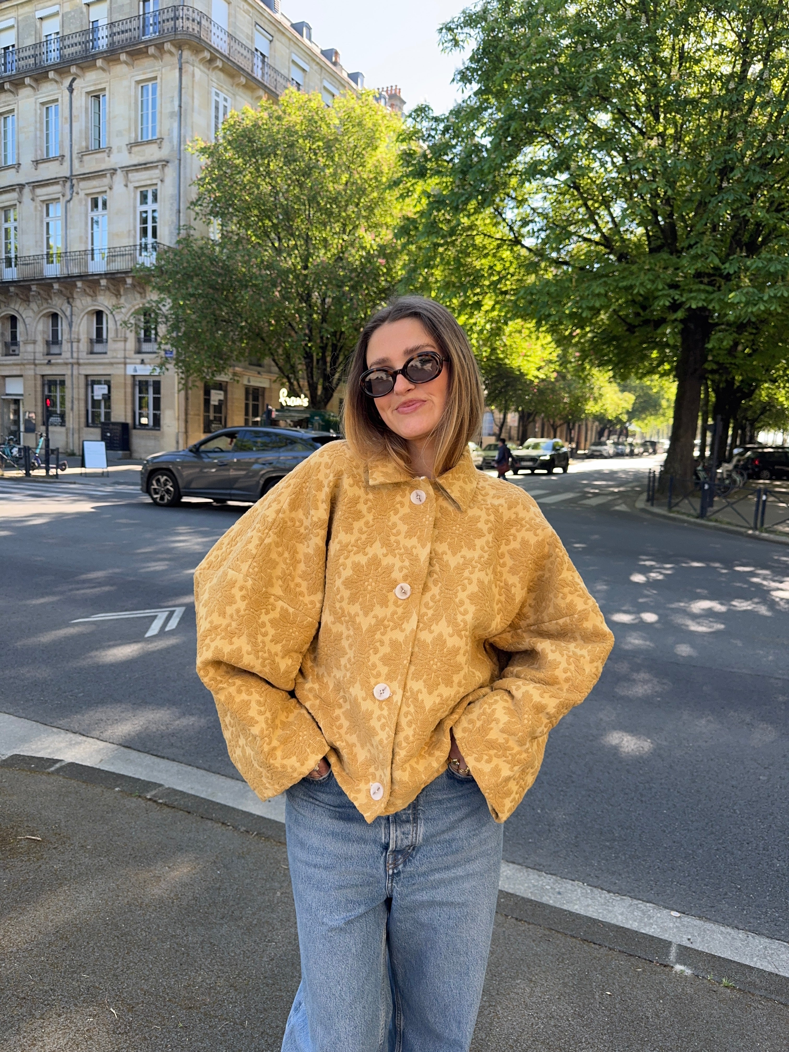 Bomber upcyclé jaune pâle à motifs texturés vintage