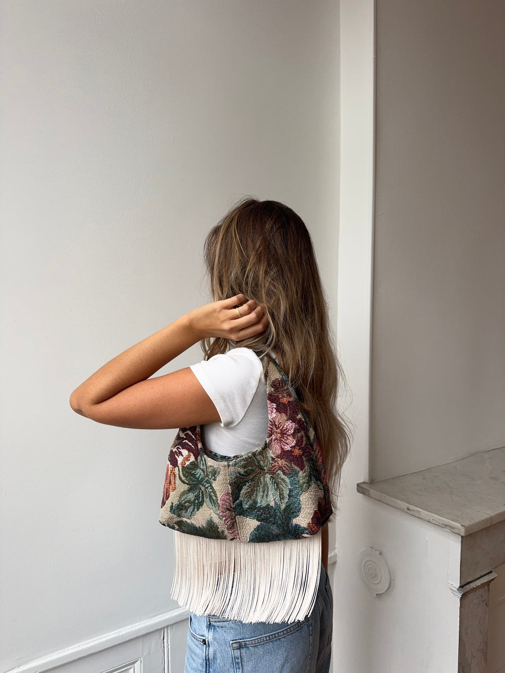 Upcycled floral bag with fringe