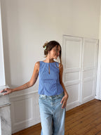 Top dos nu upcyclé bleu à rayures - S