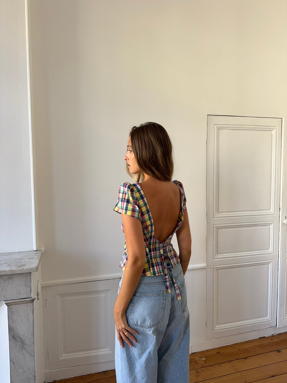 Top dos nu upcyclé à carreaux - S