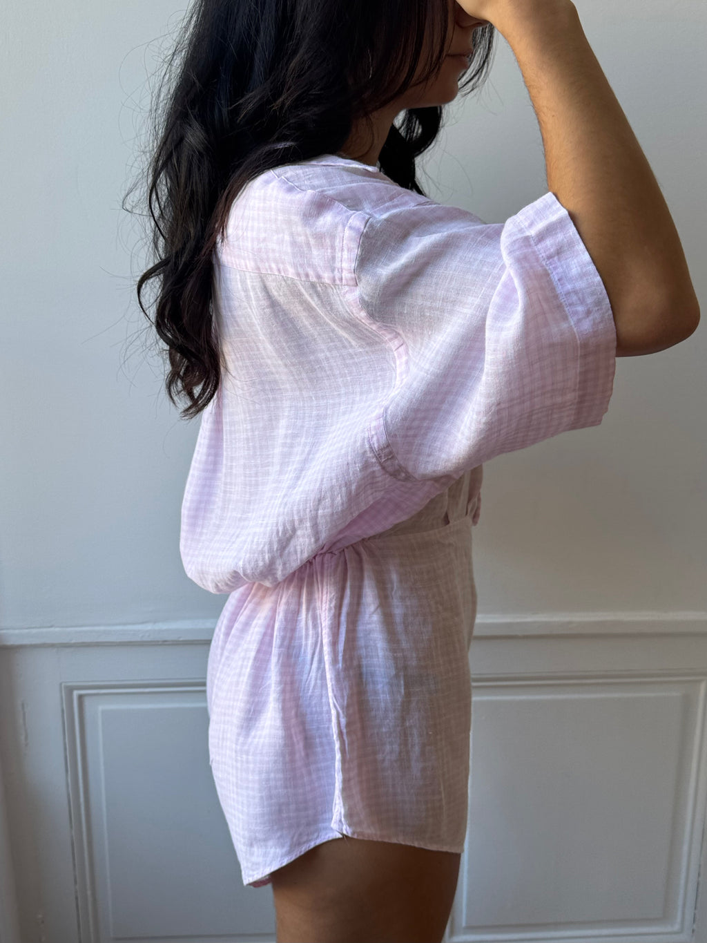 Combinaison upcyclée lin vichy rose