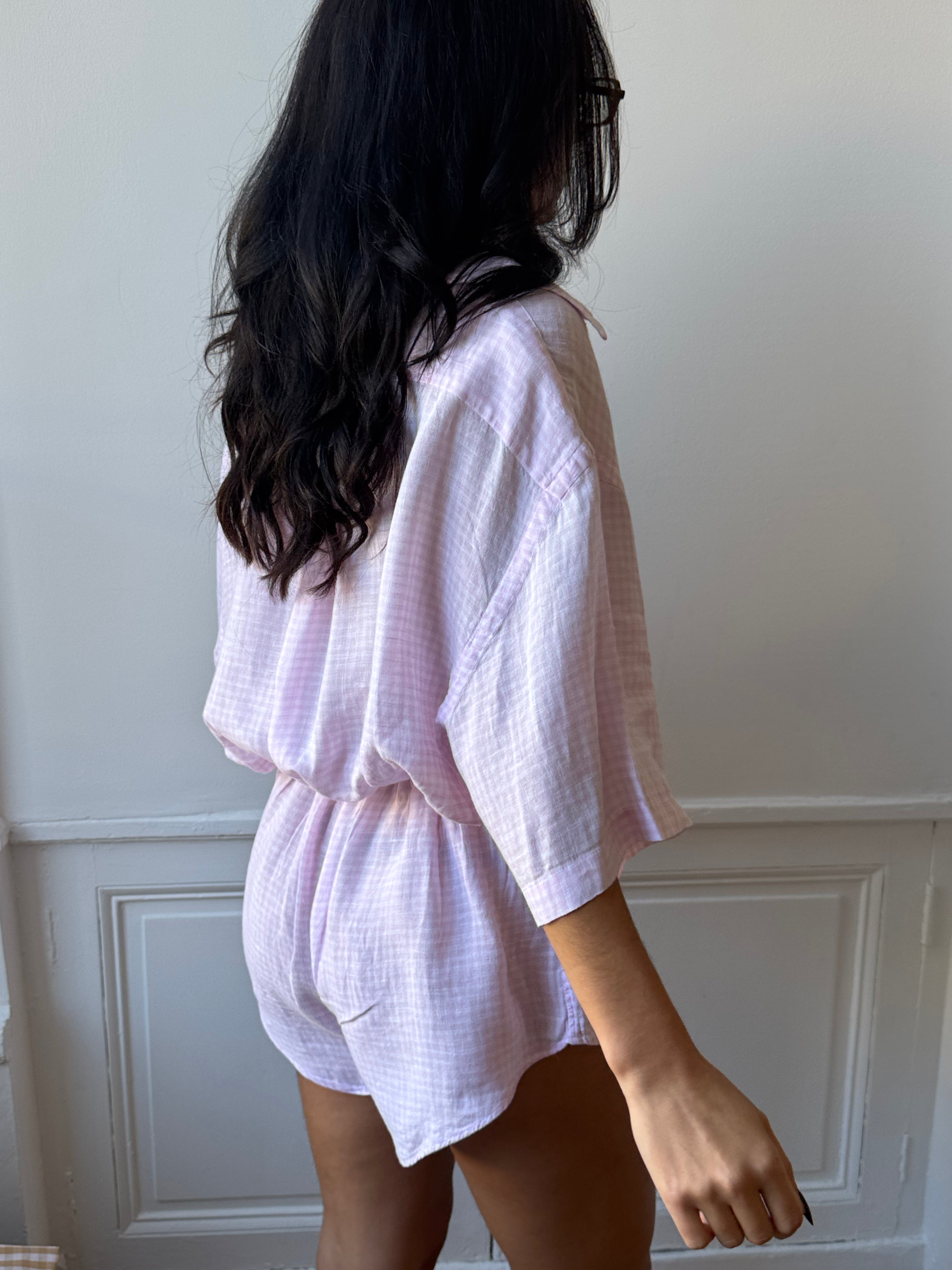 Combinaison upcyclée lin vichy rose