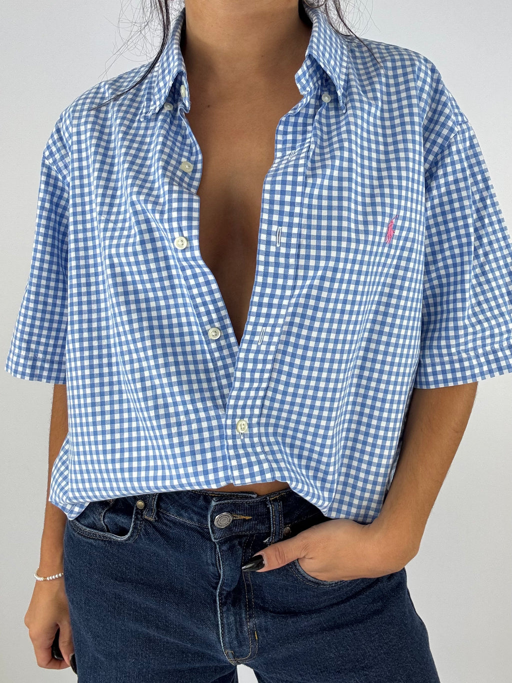 Chemisette upcyclée dos nu vichy bleu