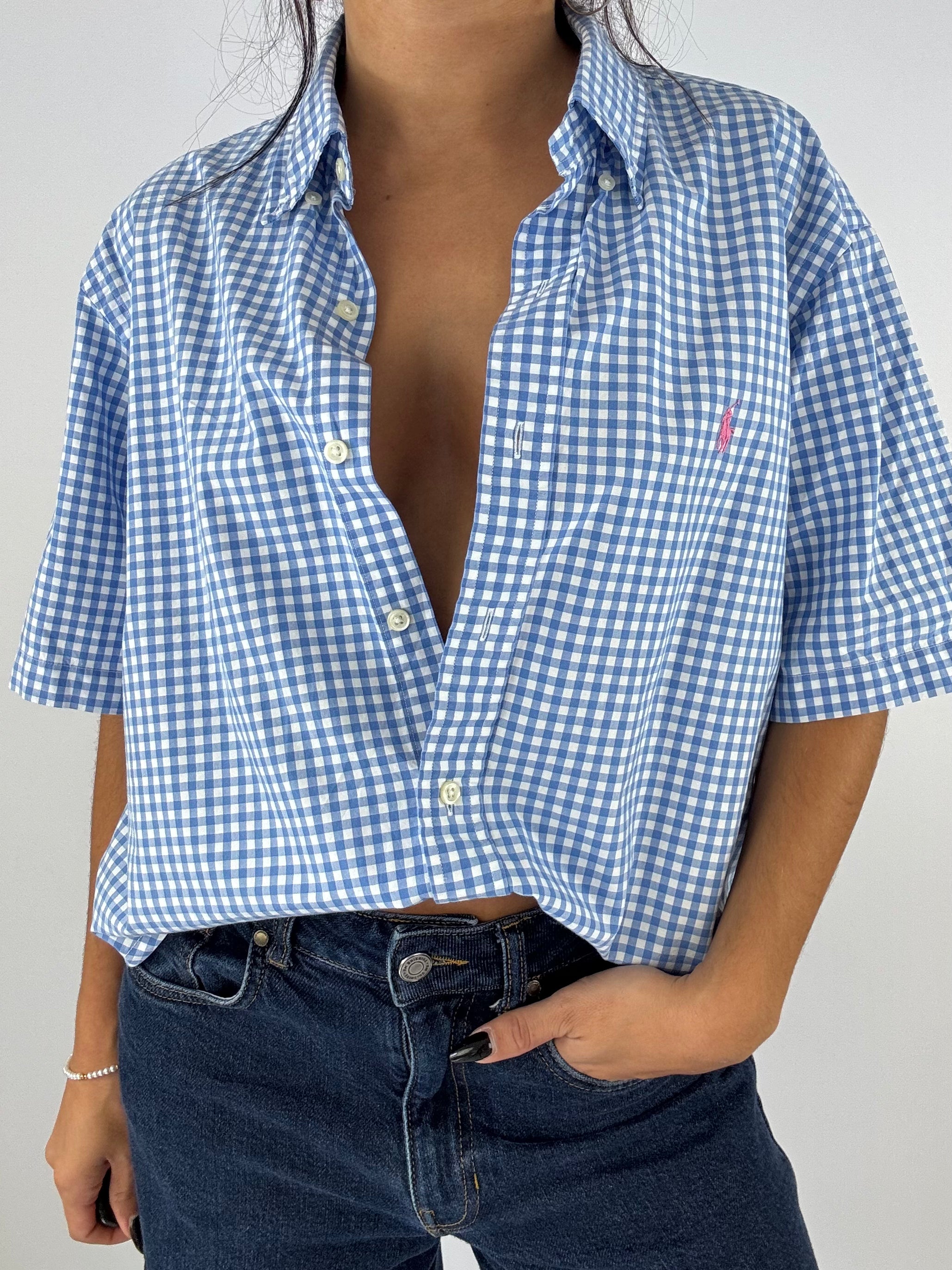 Chemisette upcyclée dos nu vichy bleu