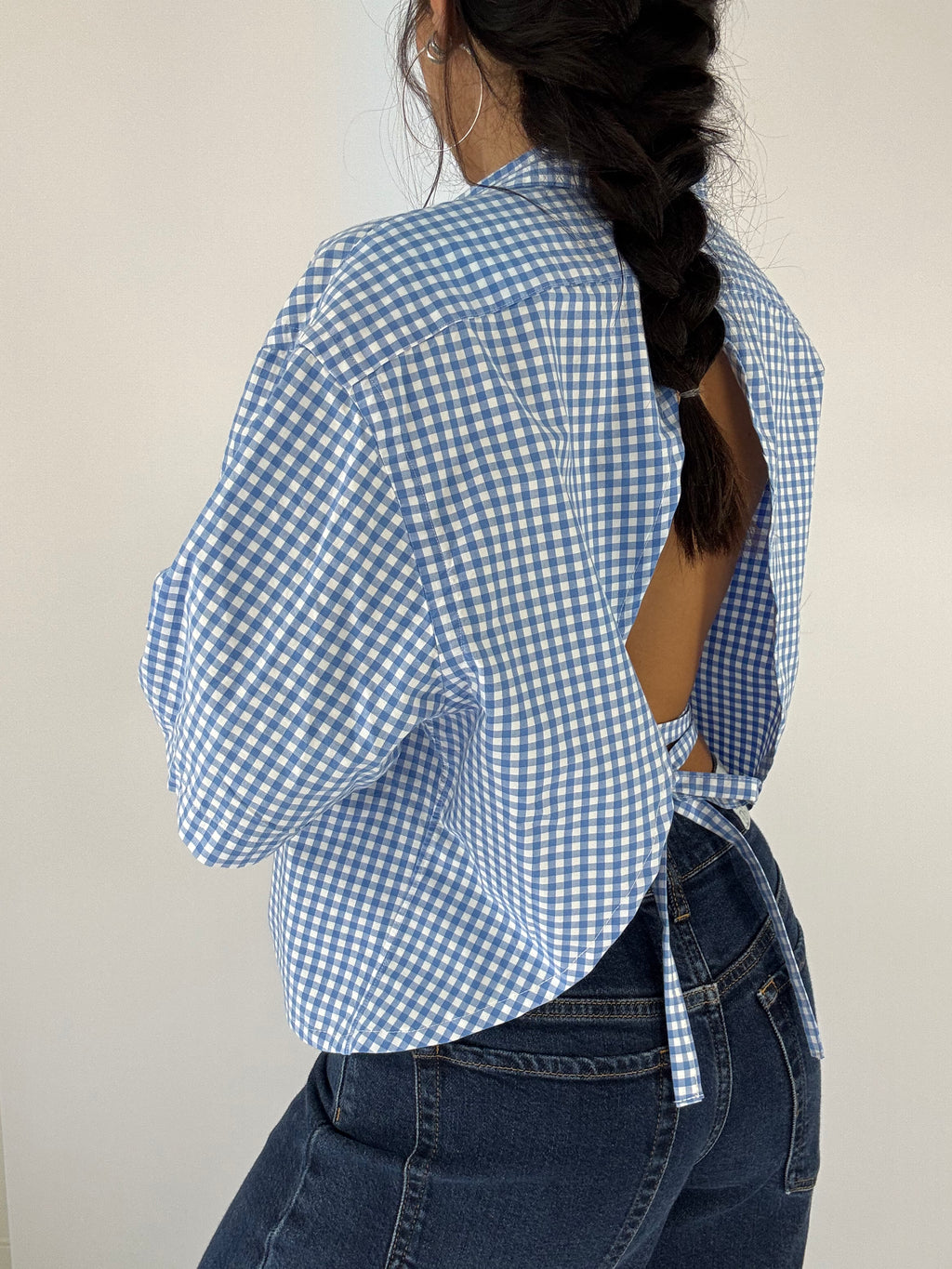 Chemisette upcyclée dos nu vichy bleu