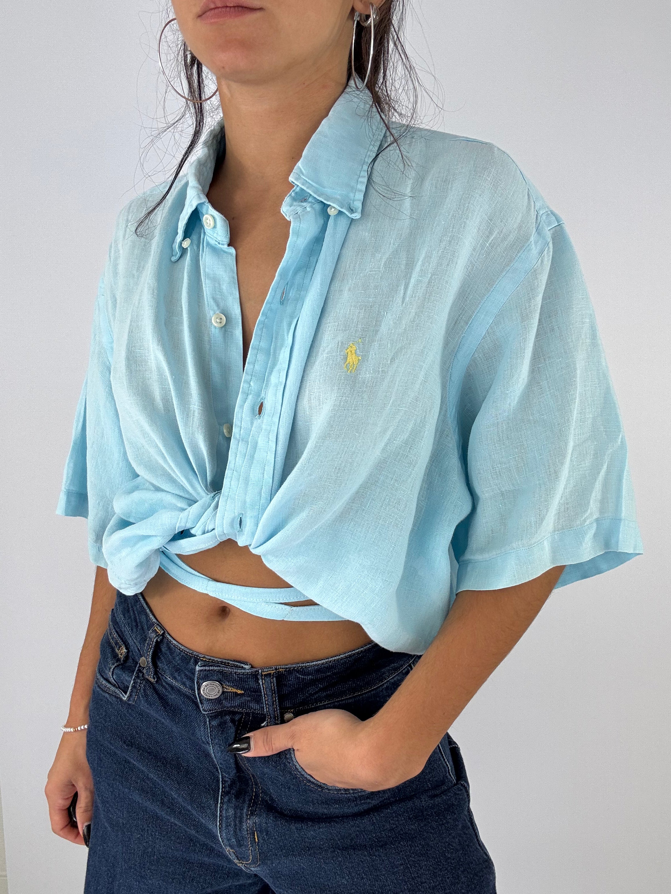 Chemisette upcyclée dos nu lin ciel