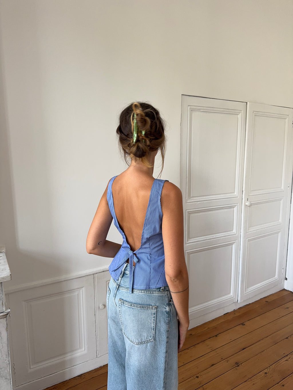 Top dos nu upcyclé bleu à rayures - S