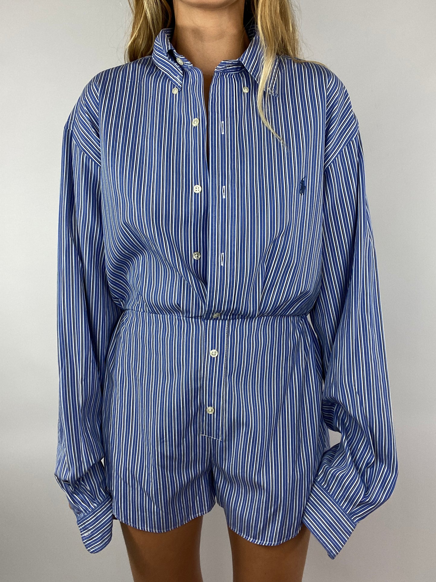 Upcycled blue striped jumpsuit