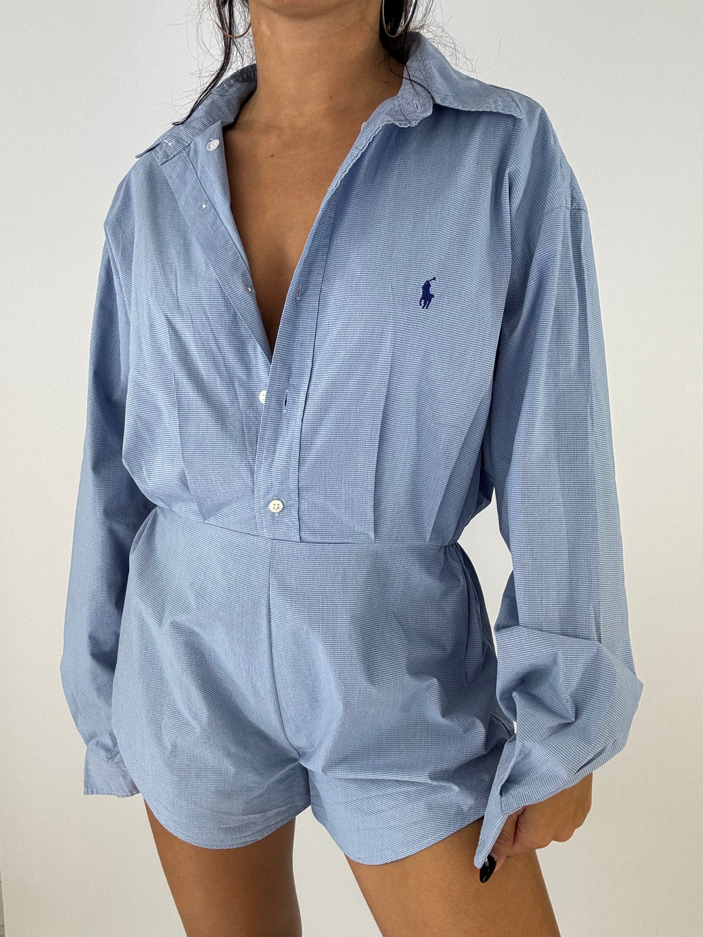 Combinaison upcyclée bleu clair à petits carreaux