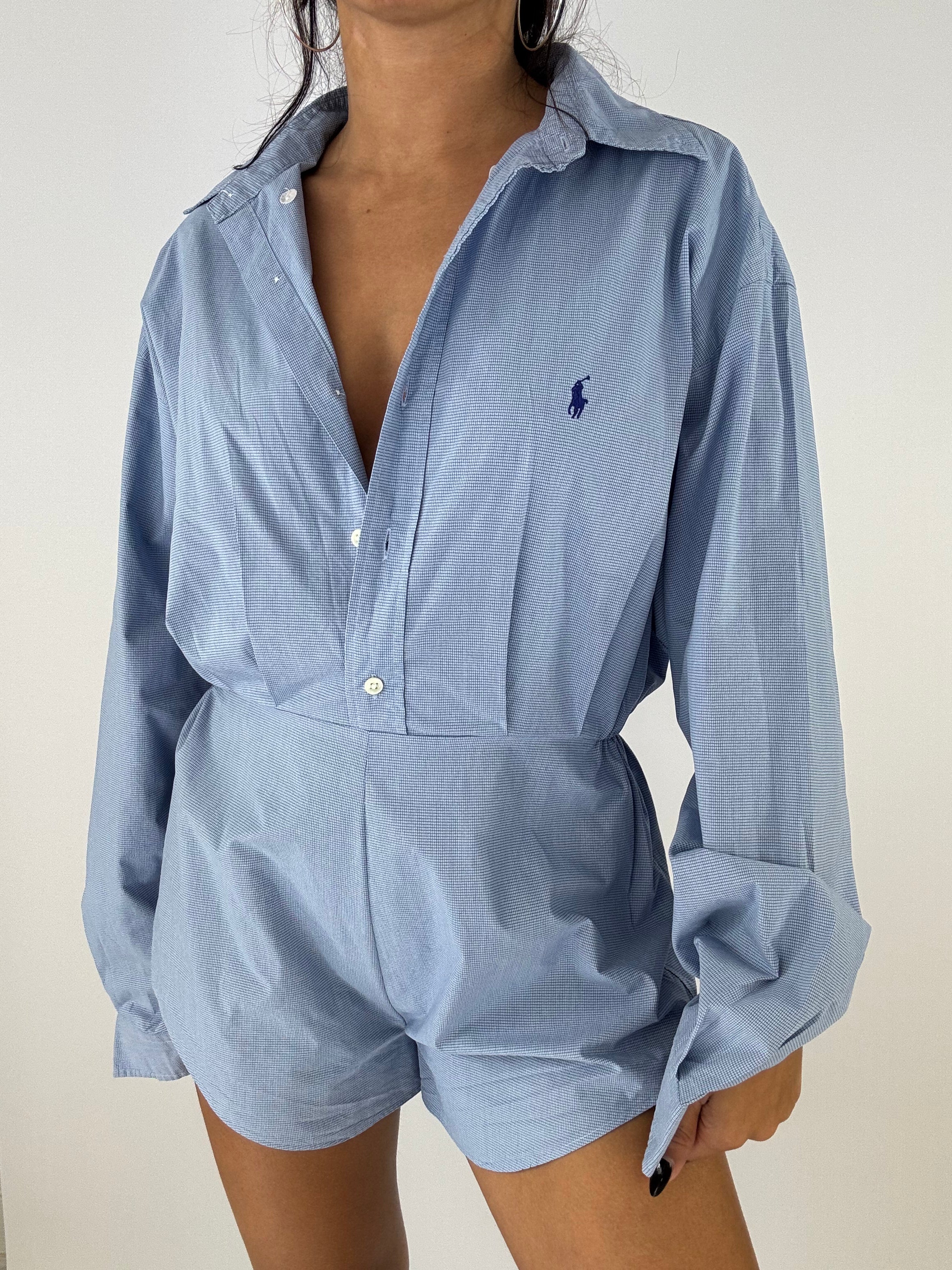 Combinaison upcyclée bleu clair à petits carreaux