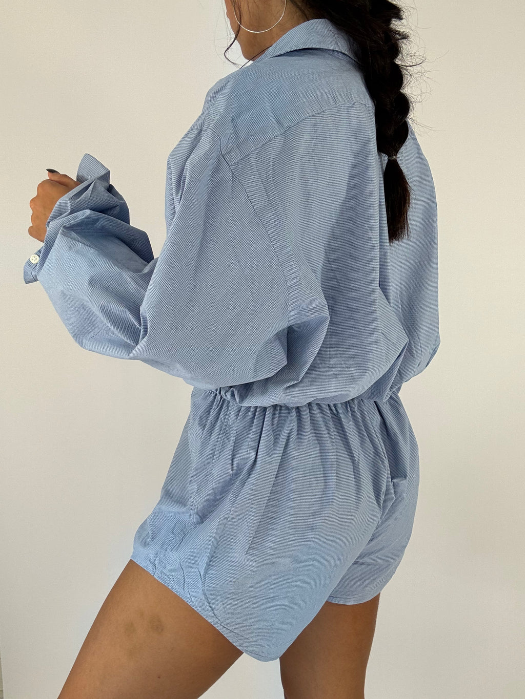 Combinaison upcyclée bleu clair à petits carreaux