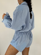 Combinaison upcyclée bleu clair à petits carreaux