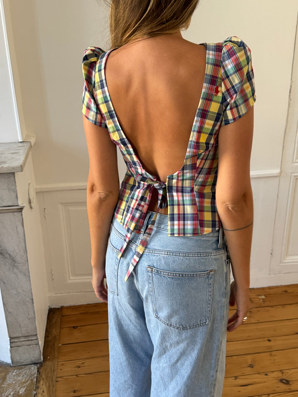 Top dos nu upcyclé à carreaux - S