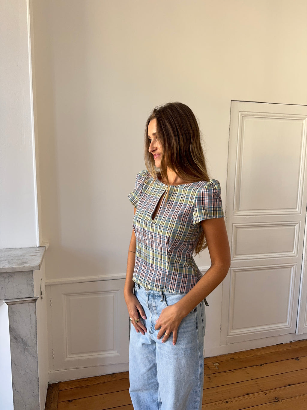 Top dos nu upcyclé à carreaux - M