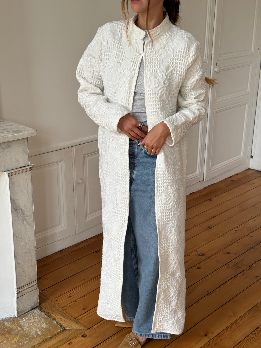 Veste longue upcyclée blanche - L