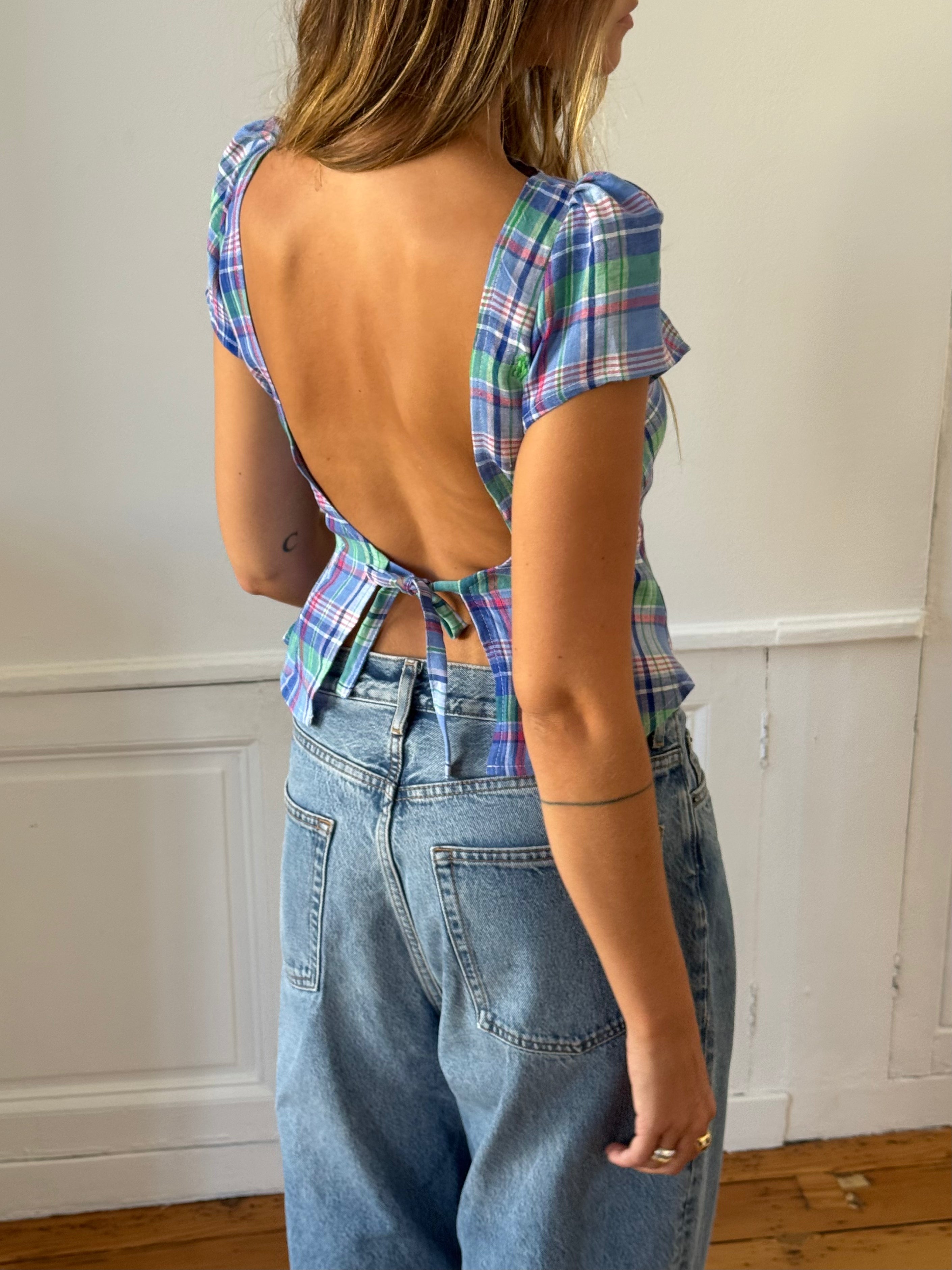 Top dos nu upcyclé lin à carreaux - XS