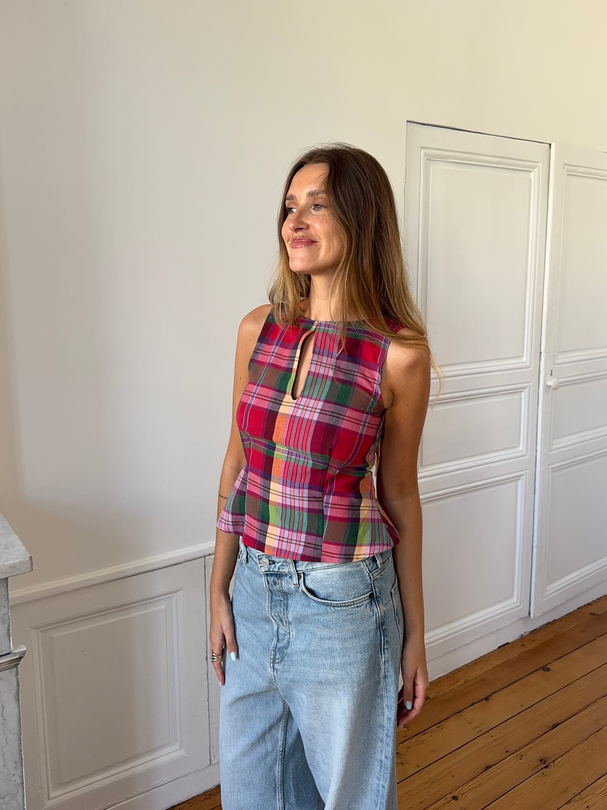 Top dos nu upcyclé à carreaux - XS