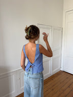 Top dos nu upcyclé bleu à rayures - S