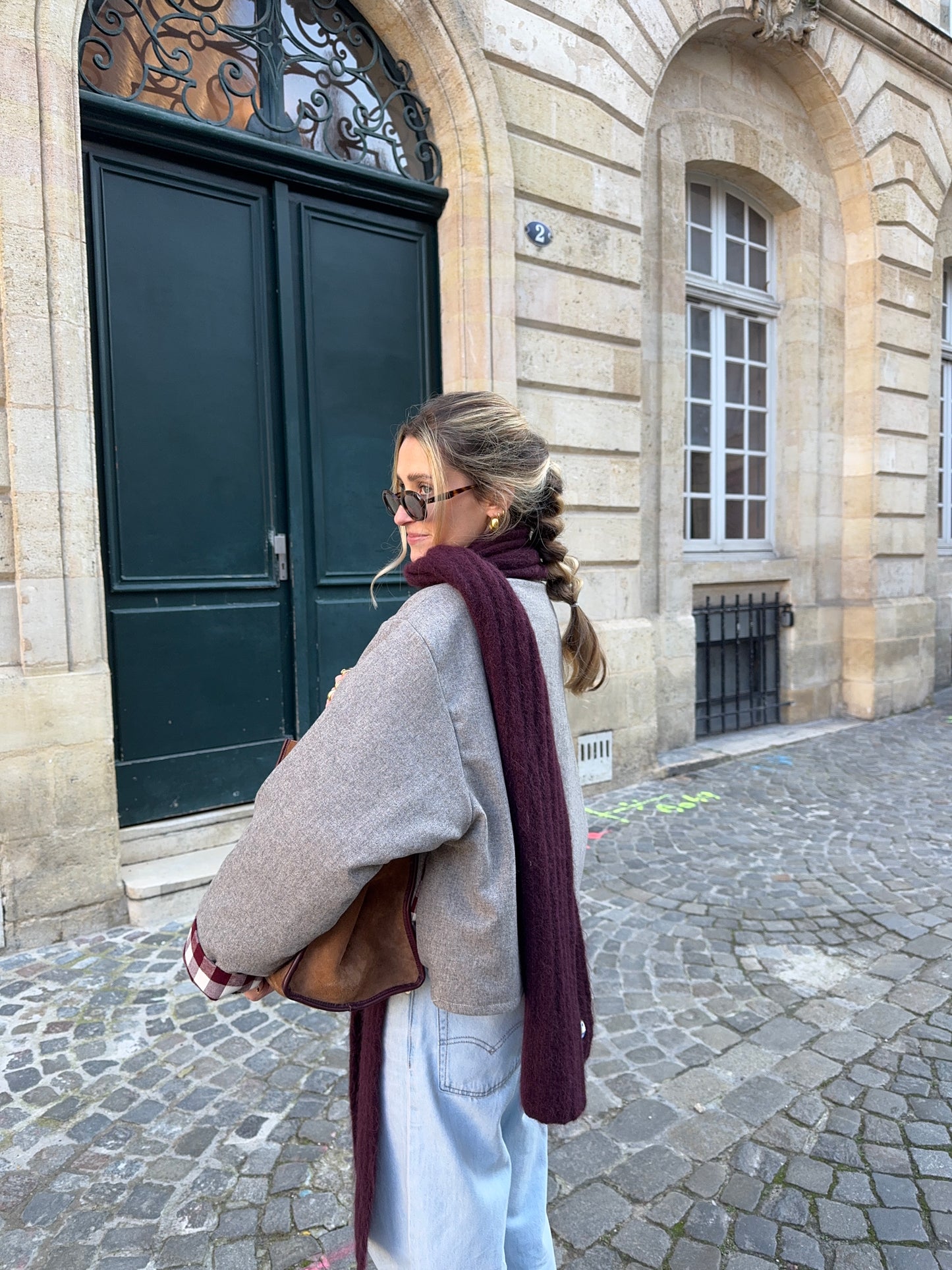 Veste laine taupe vichy bordeaux