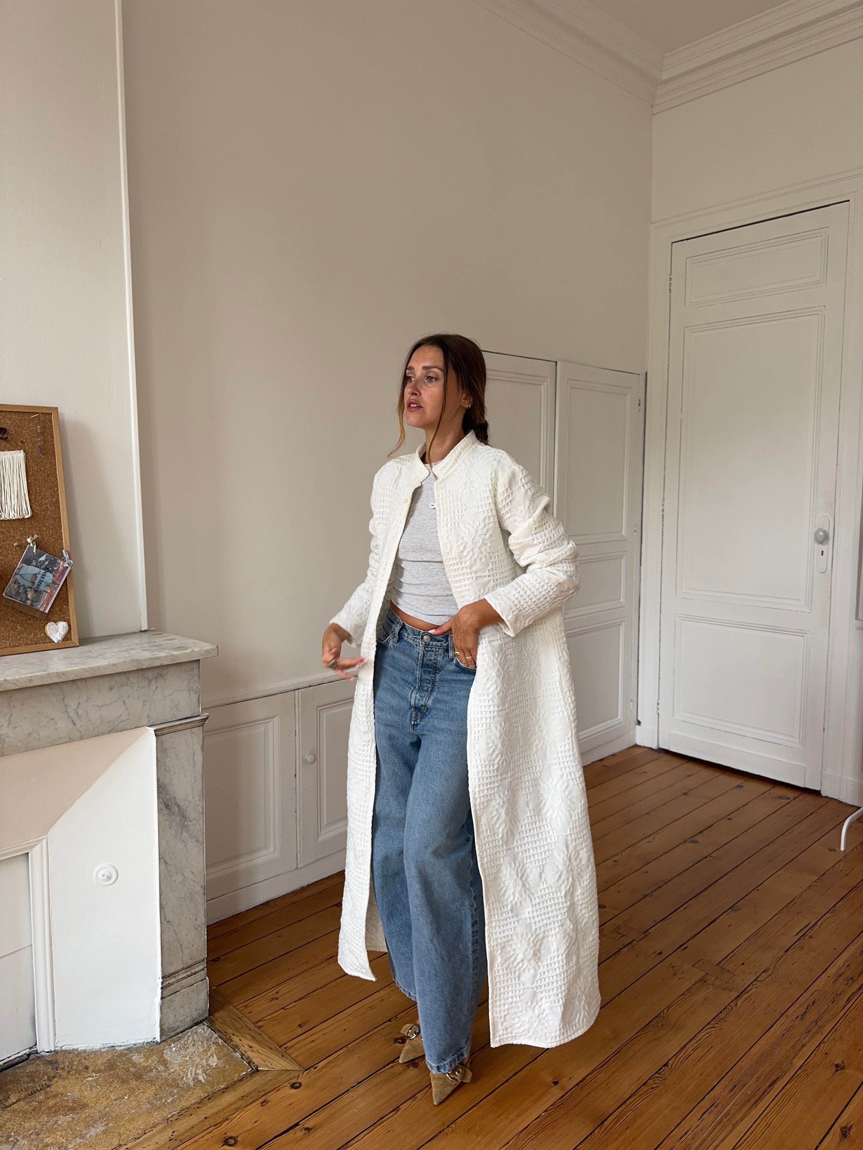 Veste longue upcyclée blanche - L