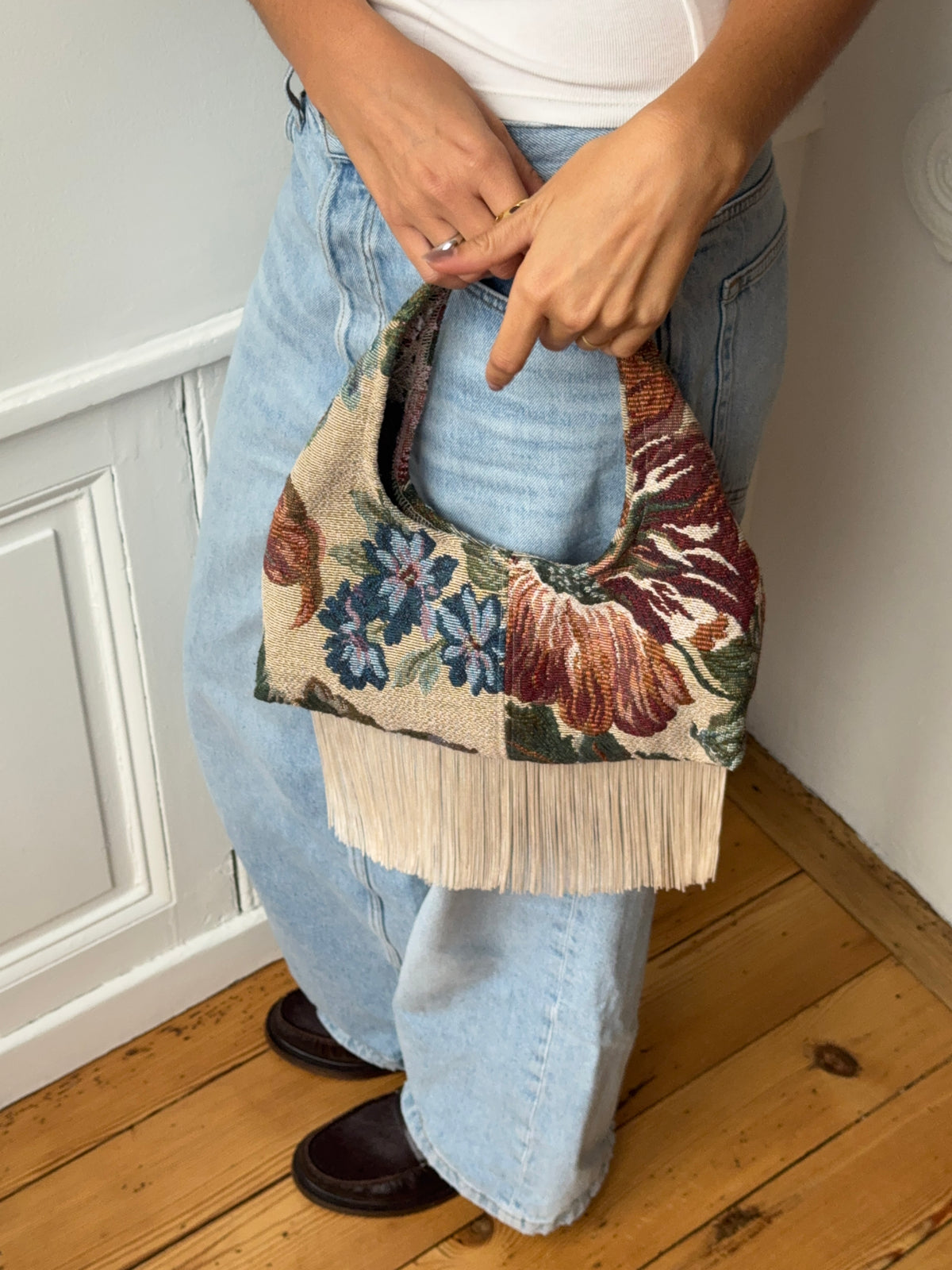 Upcycled floral bag with fringe