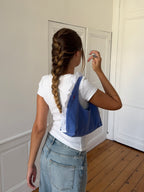 Sac upcyclé velours bleu et dentelle
