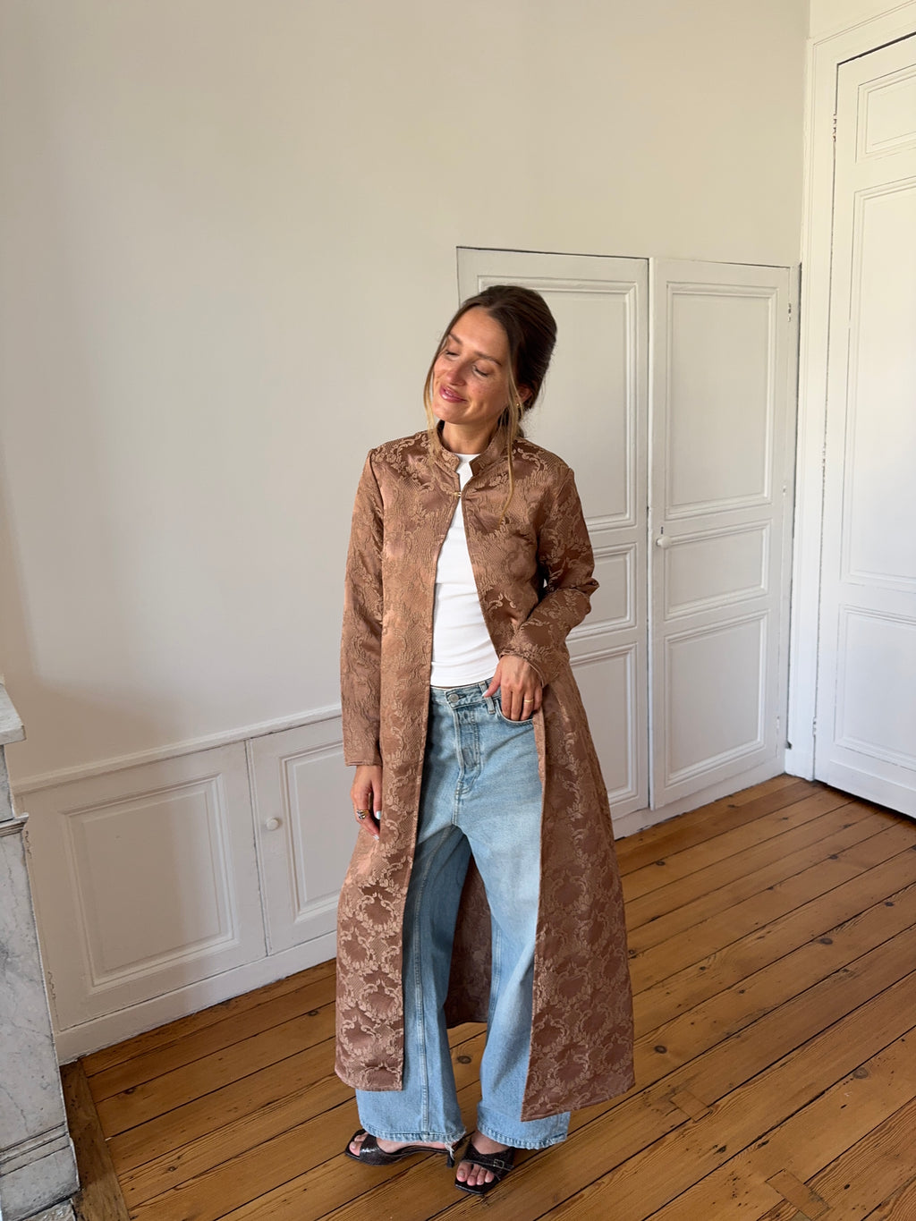 Veste longue upcyclée satinée cuivrée - S