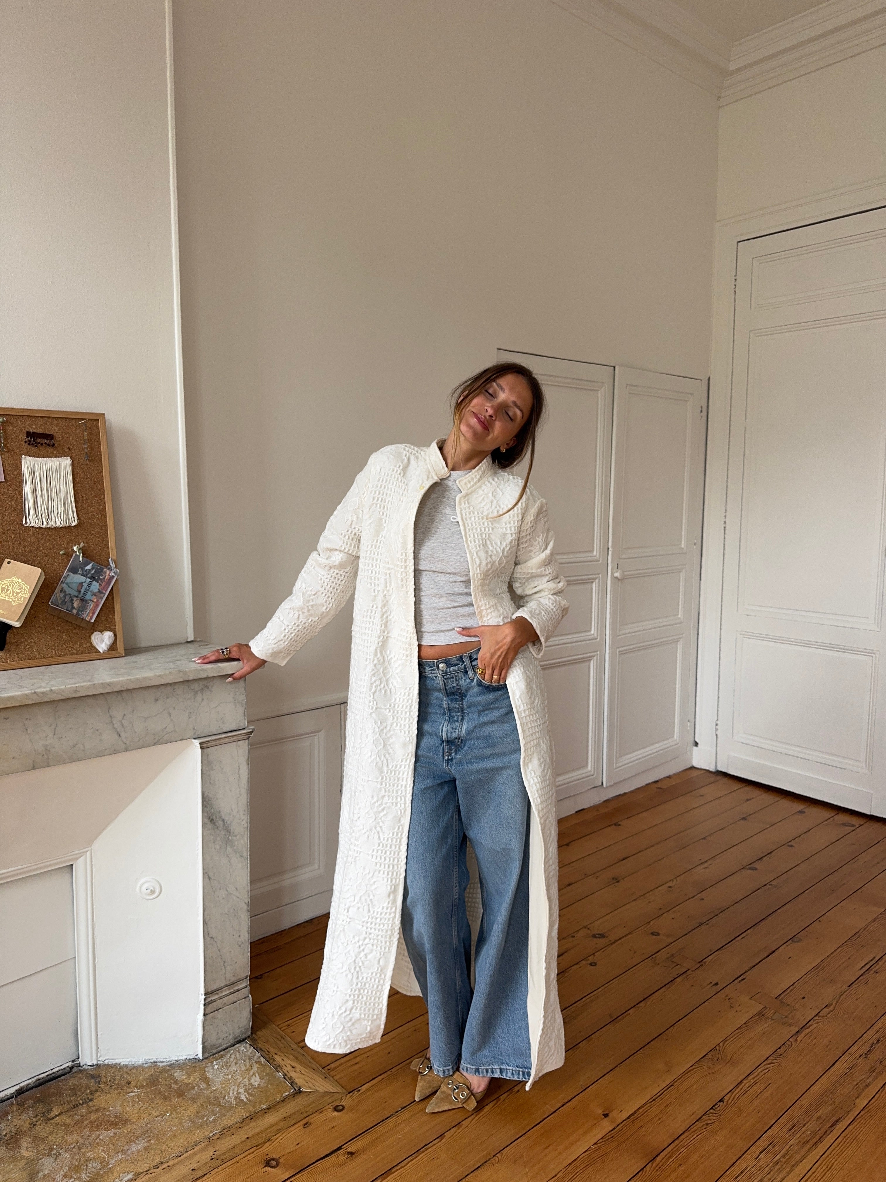 Veste longue upcyclée blanche - L