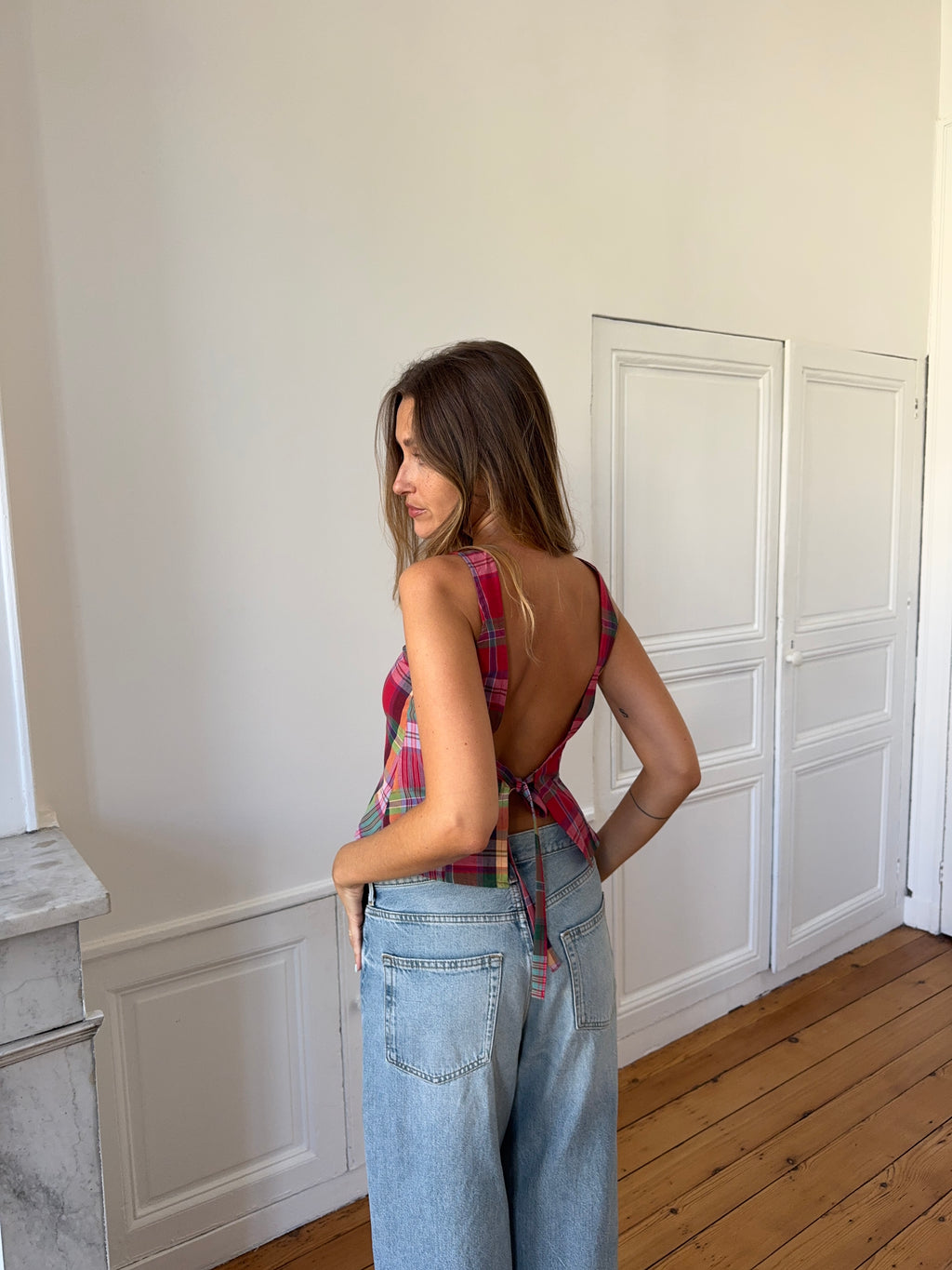 Top dos nu upcyclé à carreaux - XS