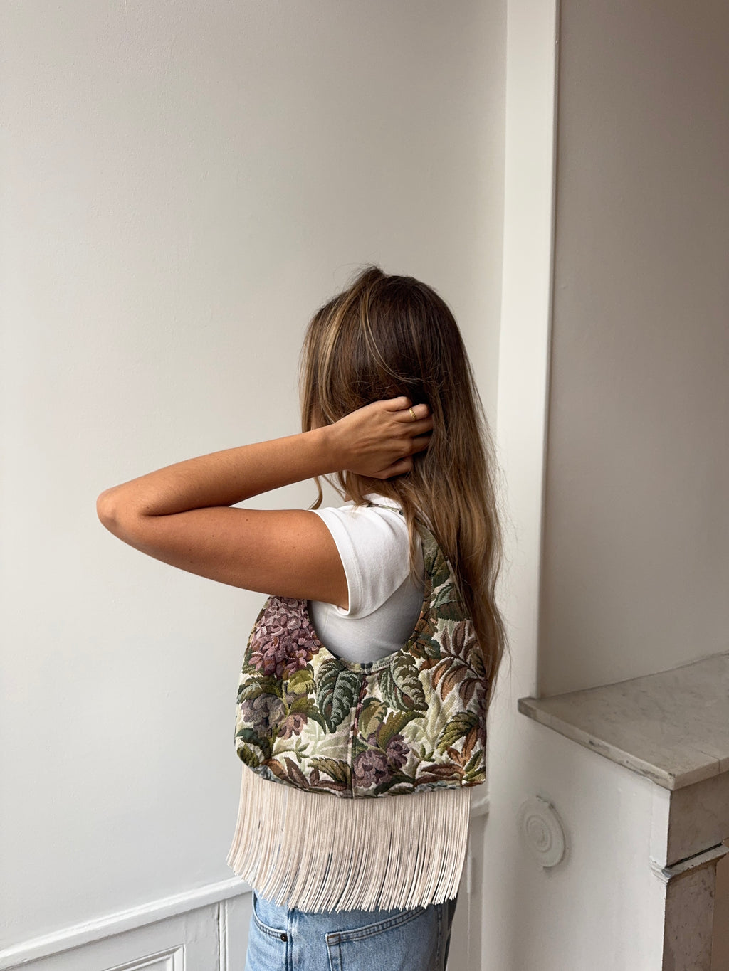 Upcycled floral bag with fringe